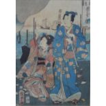 A framed and glazed 19th century Japanese woodblock print of two Geishas with artists seal. H.59 W.