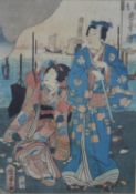 A framed and glazed 19th century Japanese woodblock print of two Geishas with artists seal. H.59 W.