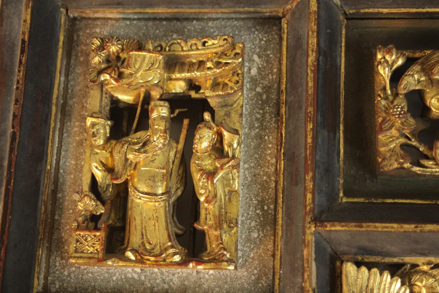 A Chinese furniture mount, set with carved and pierced giltwood panels, decorated with figures, - Image 3 of 11