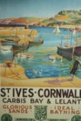 A framed and glazed reproduction GWR advertising poster for St. Ives Cornwalll. H.94 W.63cm.