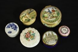 Six porcelain and enamel trinket boxes, including a Halcyon Days 'Game Shooting' box. H.3 Dia.cm. (