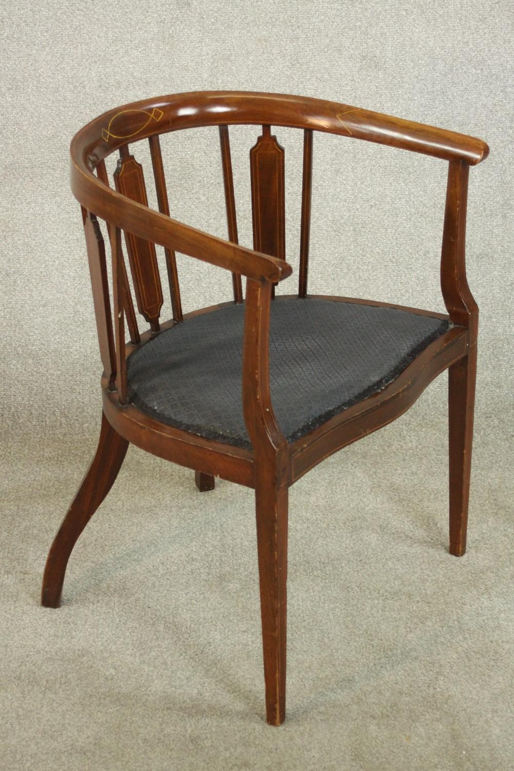 An Edwardian mahogany and inlaid tub chair, the serpentine fronted seat upholstered in dark grey - Image 2 of 7