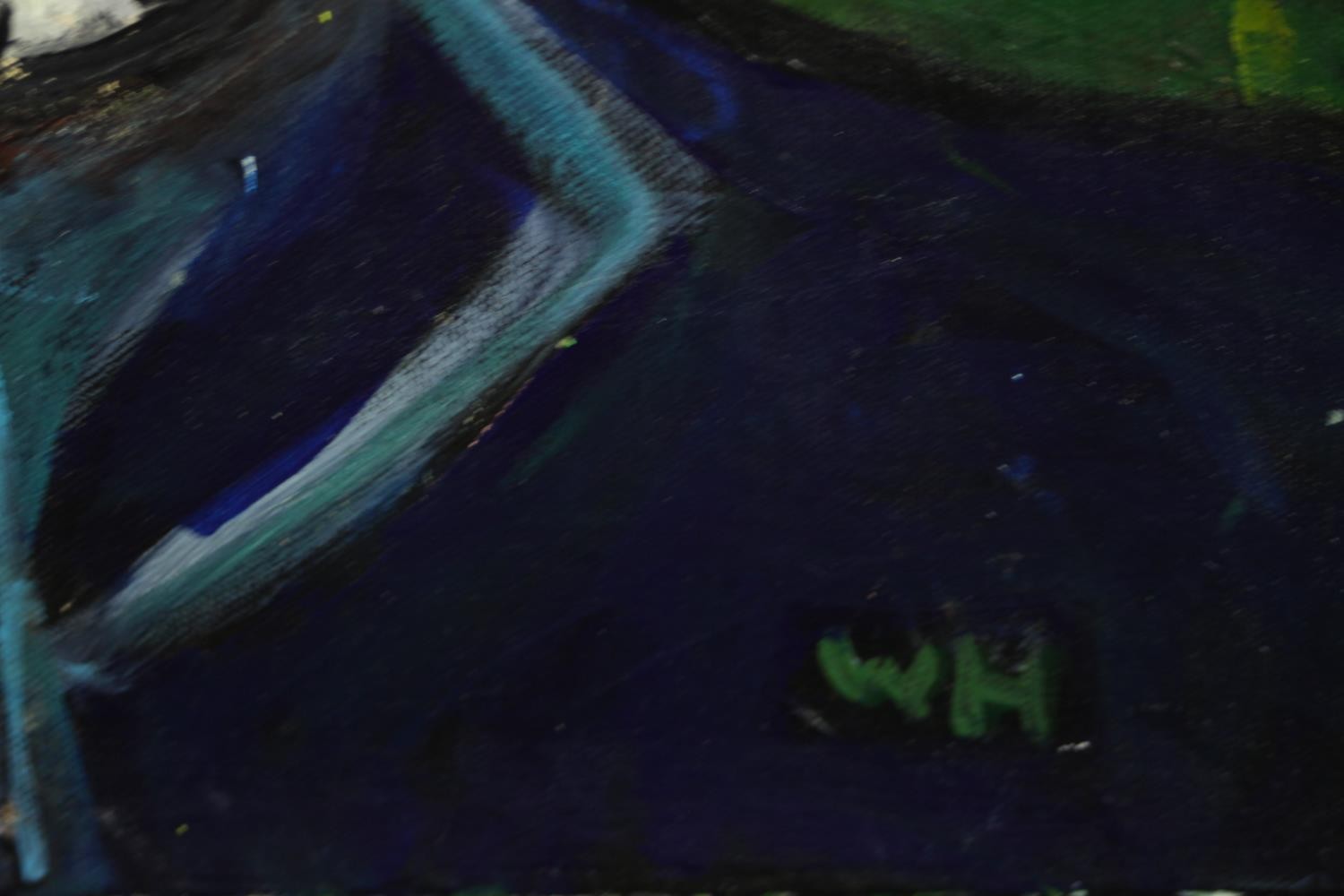 Wolf Howard, Acrylic on canvas. Man With Crow On Head, initialled lower right, inscription verso. - Image 4 of 6