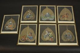 Seven framed and glazed Indian hand painted oil scenes on skeleton pipal tree leaves. H.22.5 W.18cm.