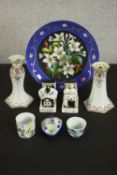 A collection of mixed porcelain, including a hat pin holder and matching candle stick, two three