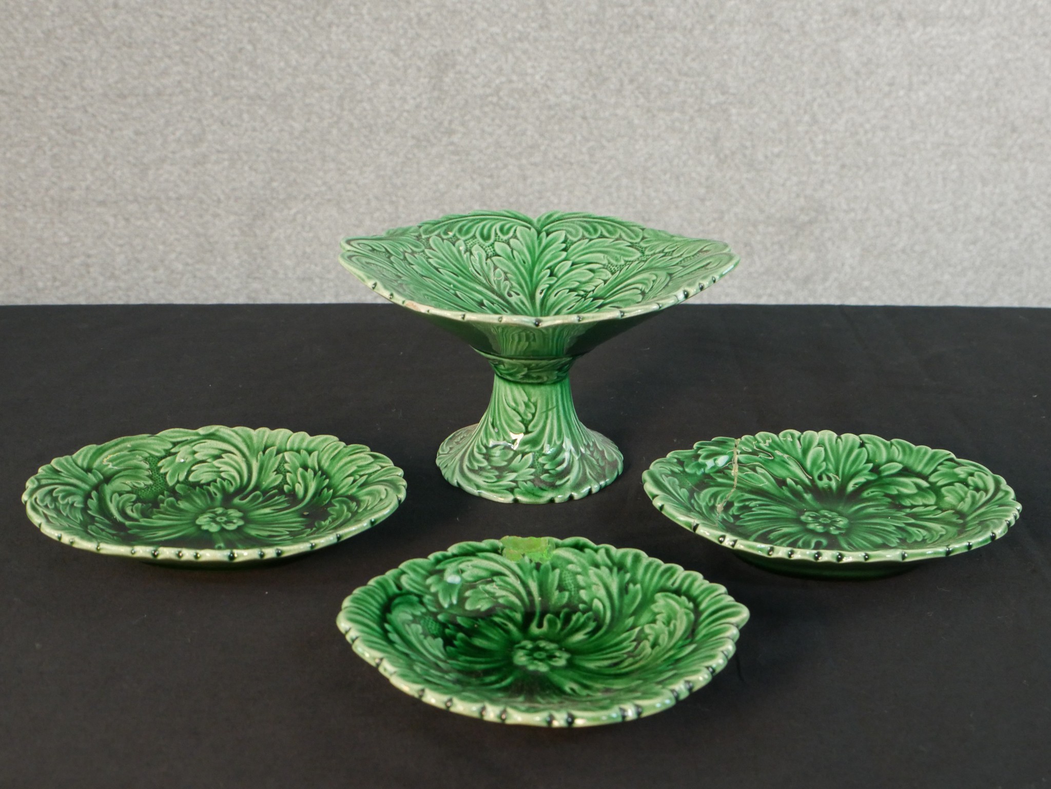 Three 19th century green glaze majolica leaf design plates along with a comport and a collection - Image 2 of 7