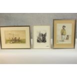 Three framed and glazed etchings, one hand coloured of a boy and his dog, a milkmaid with cows,