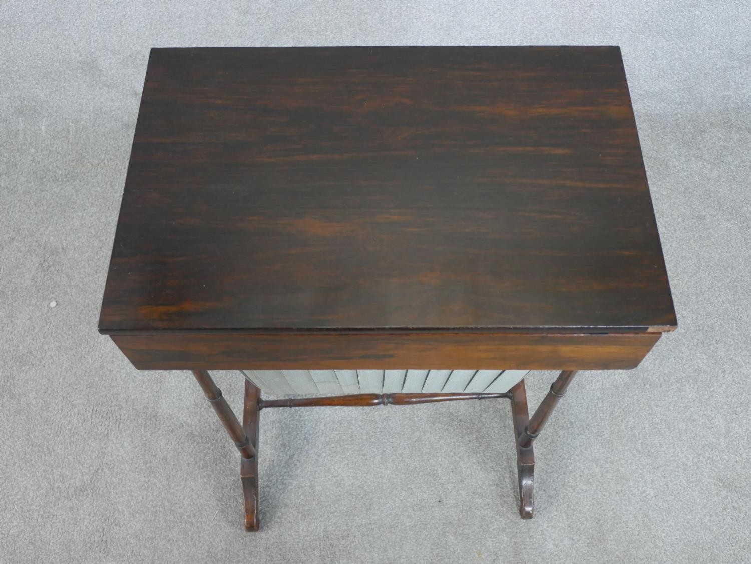 A 19th century rosewood work table, with a rectangular rising lid and fitted interior, over a - Image 3 of 9