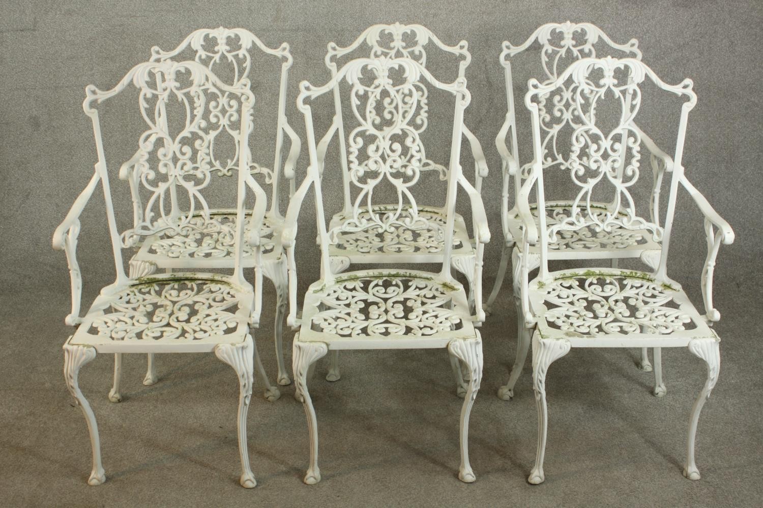 A set of six white painted cast iron carver garden chairs, with pierced splat back and open arms - Image 2 of 10