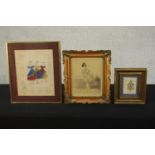 Three framed and glazed watercolour and pencil drawings for costume designs for various theatre