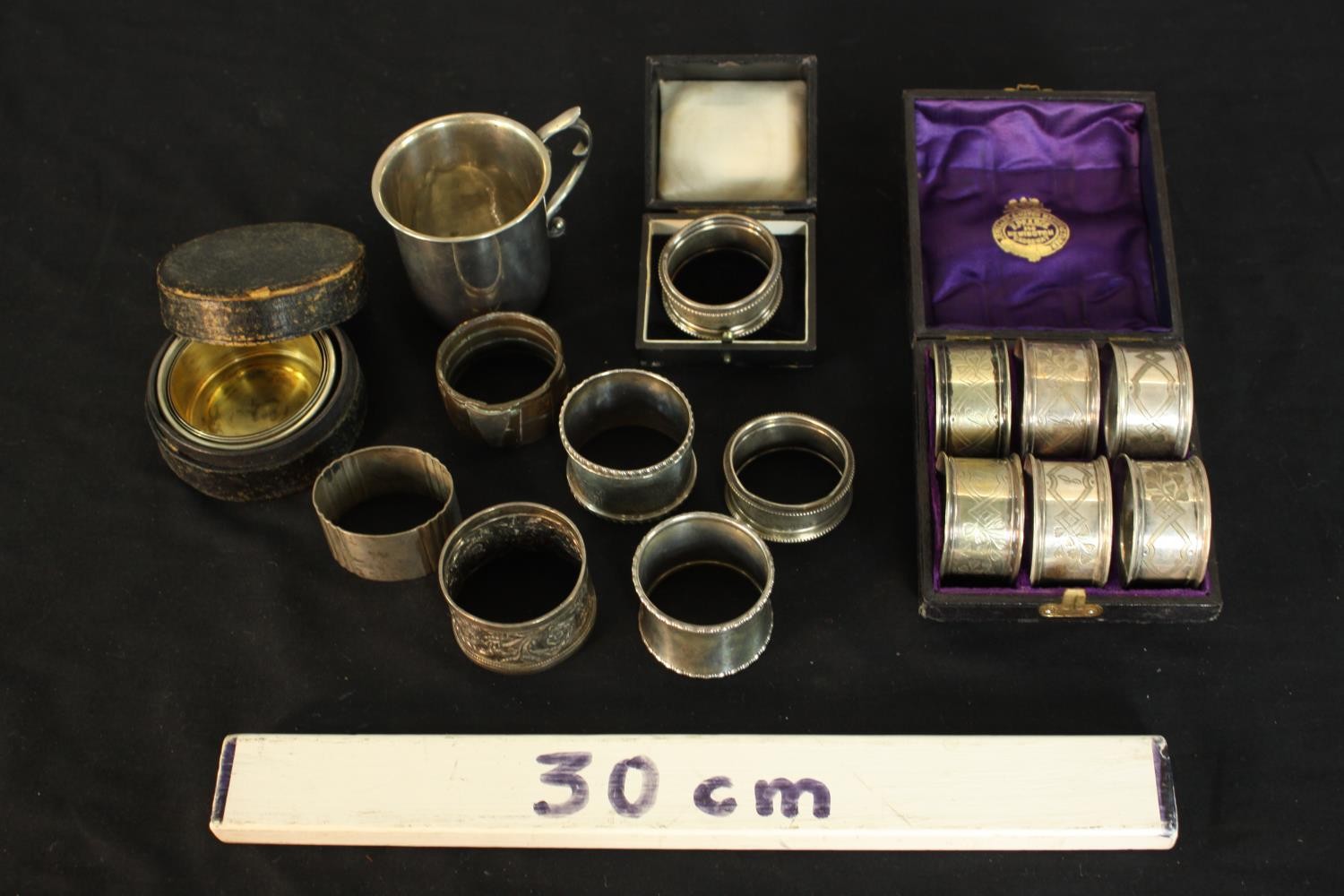 A collection of silver and silver plate, including a cased set of six engraved foliate design napkin - Image 2 of 26