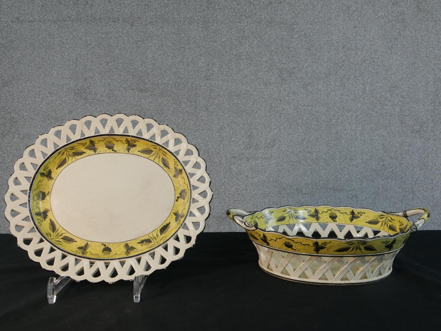 A SHORTHOSE & HEATH 19th century pierced cream woven design two handled ceramic dish and matching