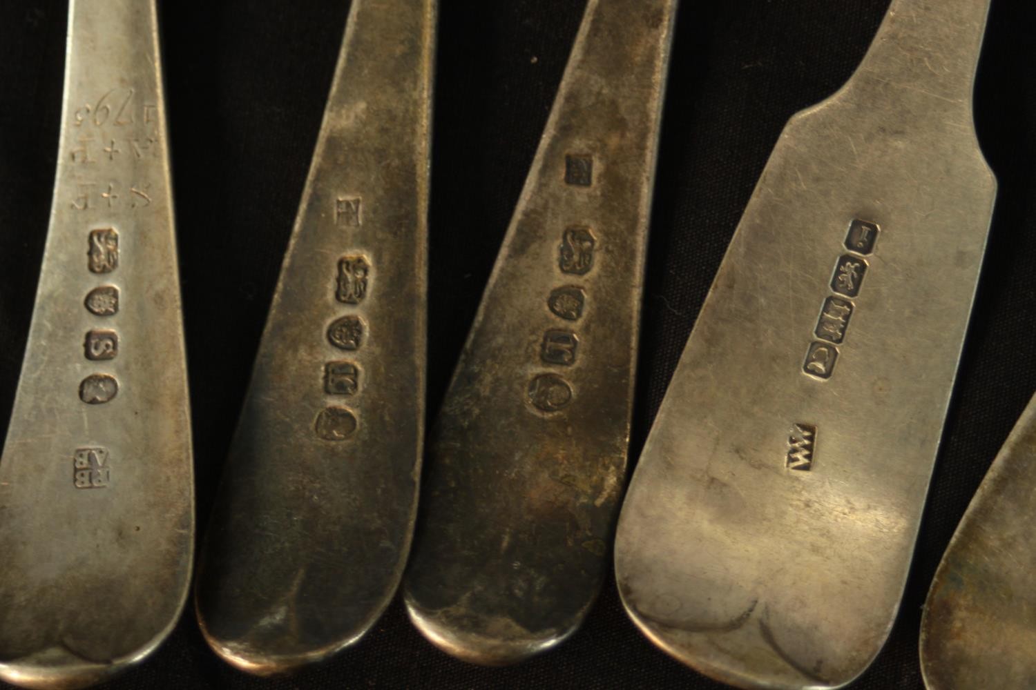 A collection of eleven silver serving spoons, including a pair of Georgian serving spoons (HB for - Image 5 of 8