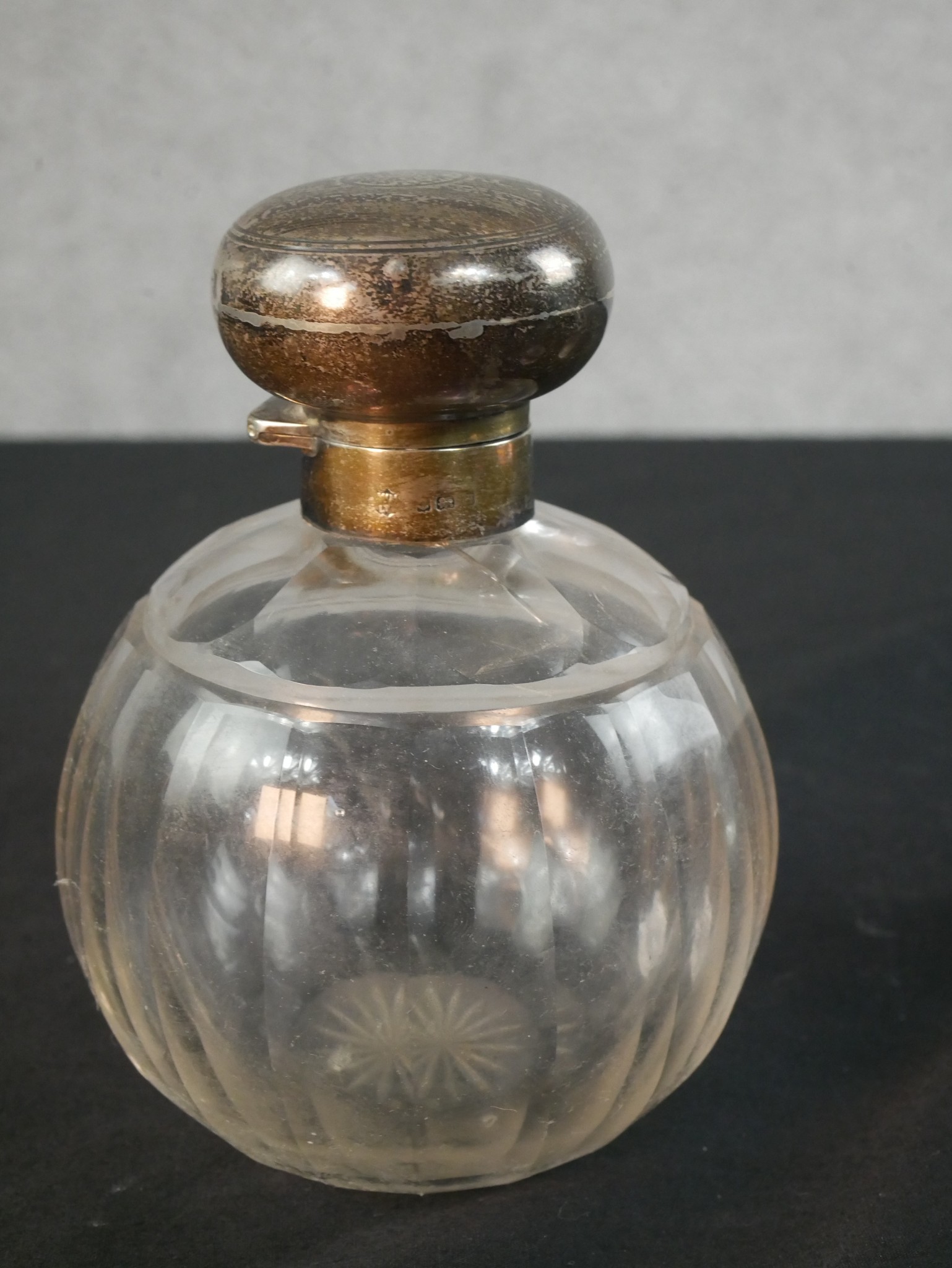Two Victorian silver topped cut glass perfume bottles, along with a silver topped rouge pot and a - Image 2 of 12