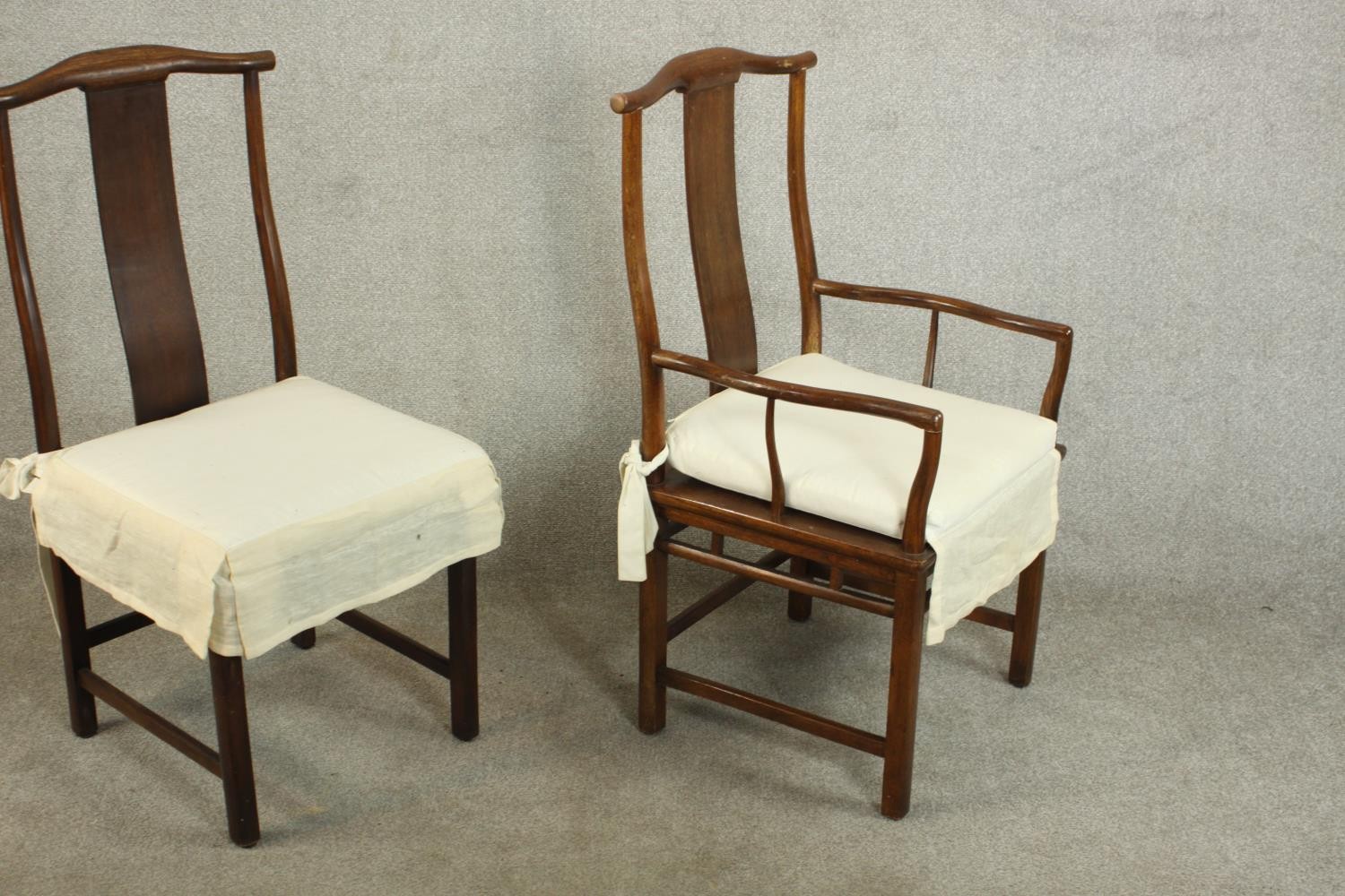 A set of eight late 20th century Chinese hardwood dining chairs, including two carvers and six - Image 5 of 11