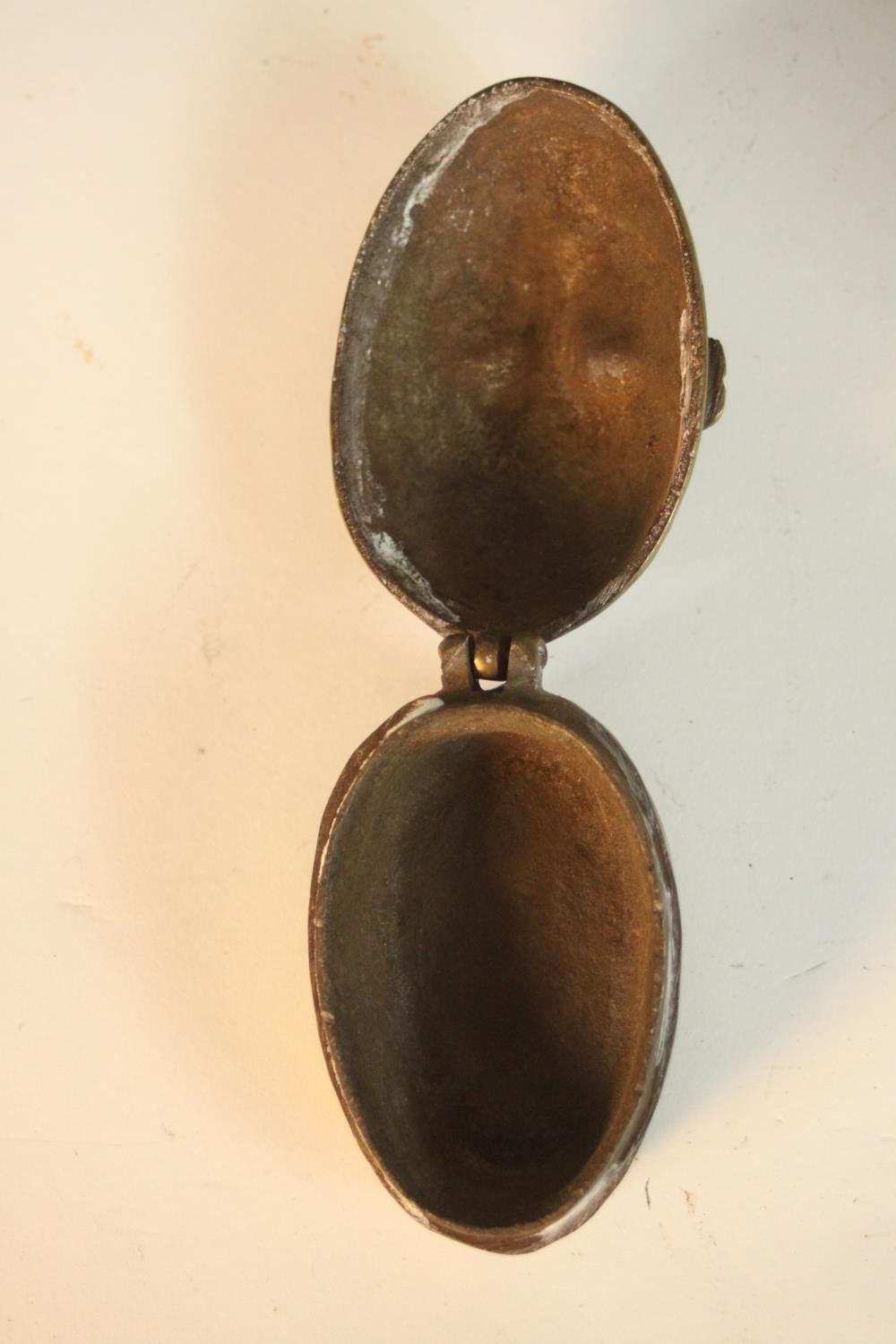 A Japanese bronze incense burner with gilded pierced lid in the form of a fruit on three splayed - Image 4 of 8