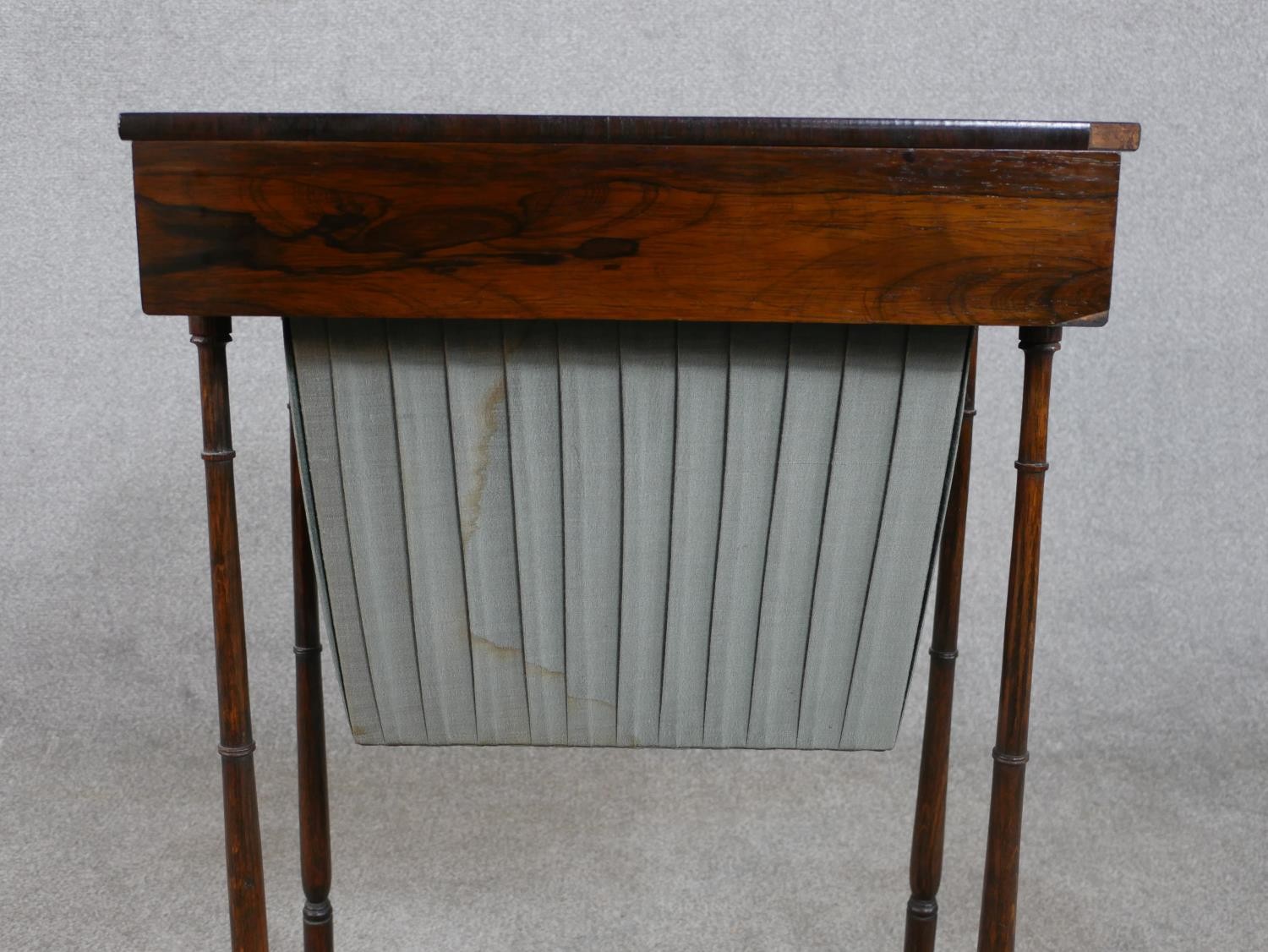 A 19th century rosewood work table, with a rectangular rising lid and fitted interior, over a - Image 2 of 9