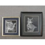 Louise Welsh, Midnight Cowboy, Stalker, Two pencil drawings of cats, signed and labels verso. H.55