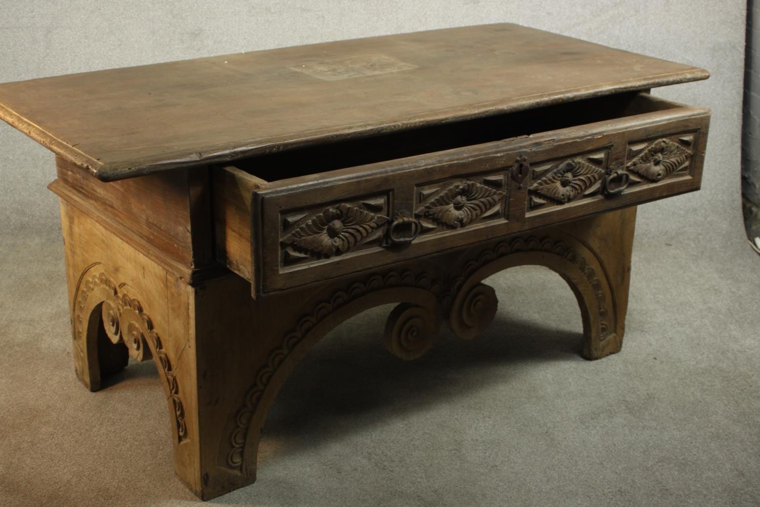 An Eastern carved hardwood side cabinet on scrolling shaped supports. H.82 W.175 D.82cm. - Image 14 of 16