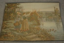 A French or Belgian machine woven tapestry wall hanging, depicting two ladies calling across a