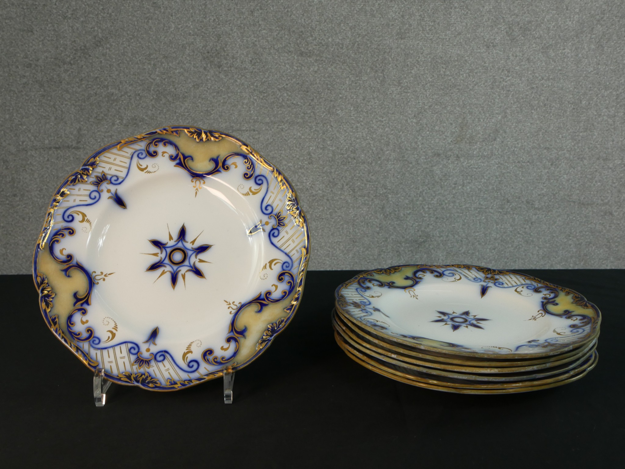 Three 19th century green glaze majolica leaf design plates along with a comport and a collection - Image 6 of 7