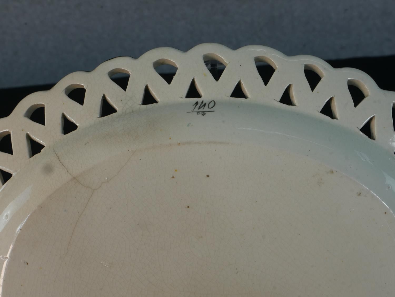 A SHORTHOSE & HEATH 19th century pierced cream woven design two handled ceramic dish and matching - Image 5 of 11