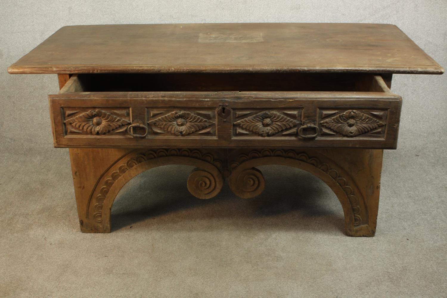 An Eastern carved hardwood side cabinet on scrolling shaped supports. H.82 W.175 D.82cm. - Image 5 of 16