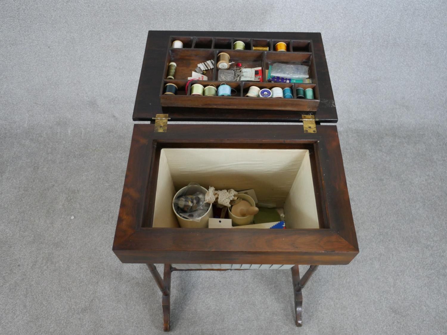 A 19th century rosewood work table, with a rectangular rising lid and fitted interior, over a - Image 6 of 9