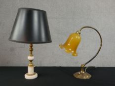 A circa 1970s alabaster and gilt metal table lamp with a black shade, together with an Edwardian
