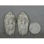 Two relief Classical lady plaster wall plaques along with a Musee de Louvre plater relief plaque