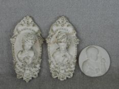 Two relief Classical lady plaster wall plaques along with a Musee de Louvre plater relief plaque