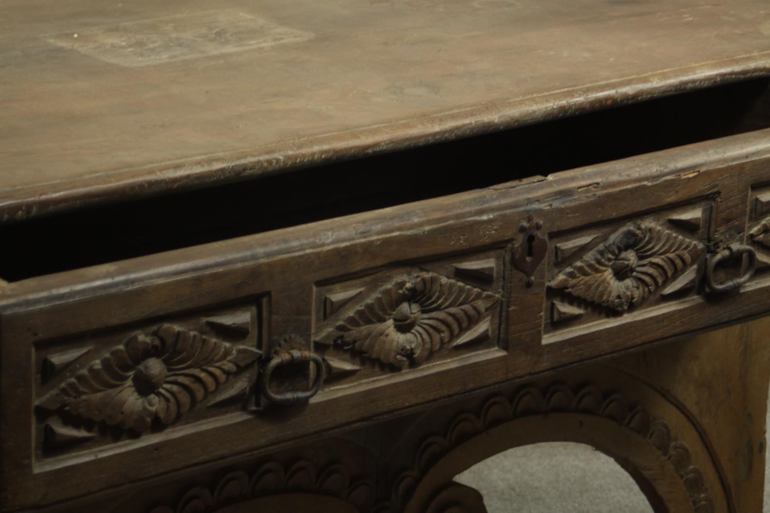 An Eastern carved hardwood side cabinet on scrolling shaped supports. H.82 W.175 D.82cm. - Image 15 of 16