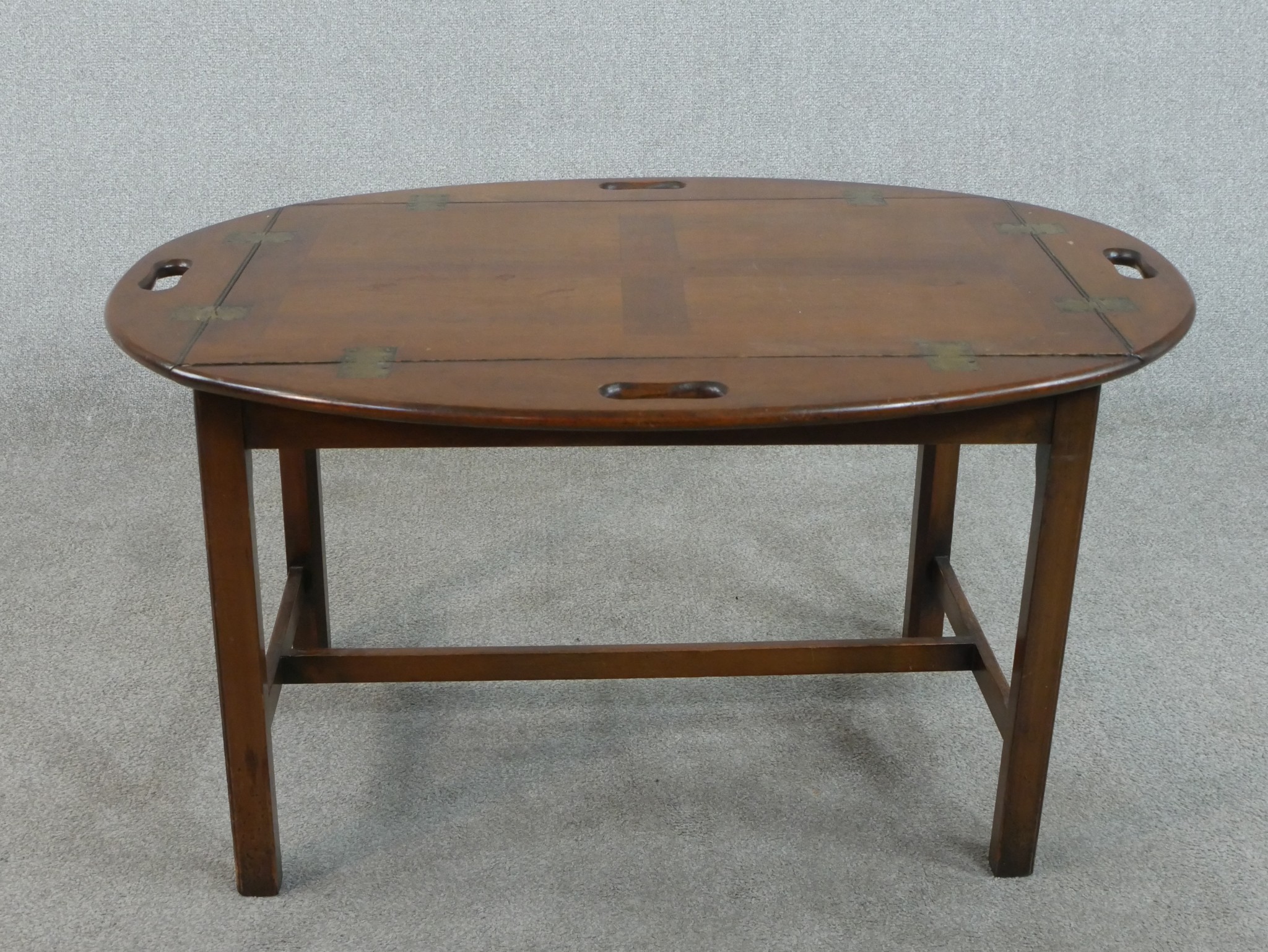 A 19th century style walnut butler's tray and stand, with four fold down sides, pierced handles - Image 2 of 4
