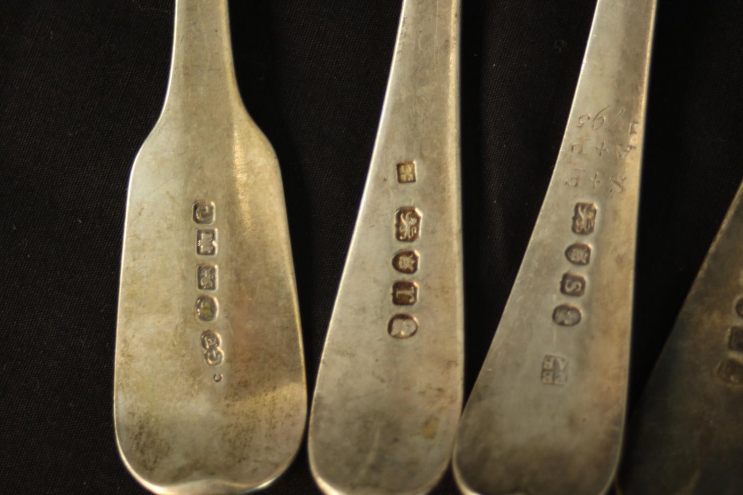 A collection of eleven silver serving spoons, including a pair of Georgian serving spoons (HB for - Image 4 of 8