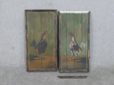 Two framed hand painted 19th century style wooden panels of fighting cocks. (One frame in need of