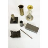A collection of metal and glass items, including two brass trench art pen pots, a blown silver