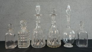 Six cut crystal and blown glass decanters, including a pair of 19th century square form decanters