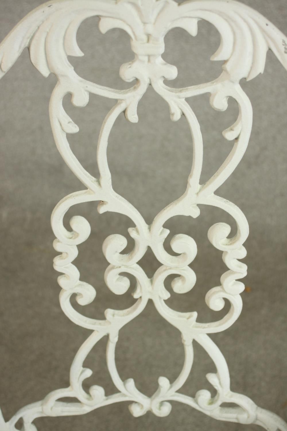 A set of six white painted cast iron carver garden chairs, with pierced splat back and open arms - Image 9 of 10