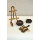 A collection of treen and carved items, including two pierced carved Chinese stands, a handmade