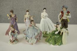 A collection of seven hand painted porcelain figures, including Alicia Markova by Coalport, Royal