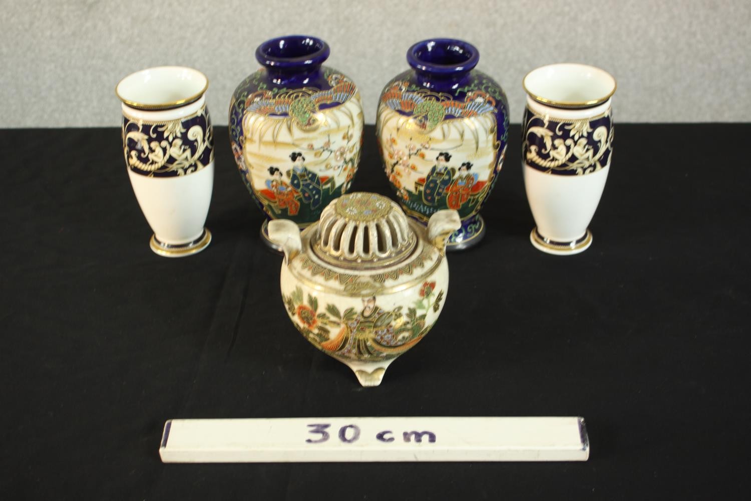 A pair of Japanese Satsuma ware geisha vases and a lidded censer along with a pair of Wedgwood ' - Image 2 of 12