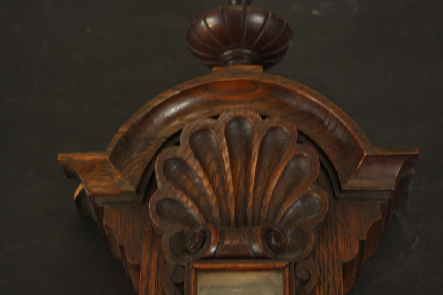 A circa 1900's Negretti & Zamba carved oak barometer and thermometer with shell and flower motifs. - Image 7 of 7