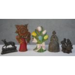 A collection of cast iron objects, comprising of two cold painted iron door stops in the form of