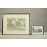 A framed and glazed crayon sketch of the Yarn Market, Dunster along with a signed etching of a