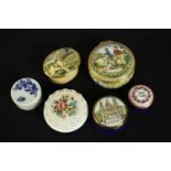Six porcelain and enamel trinket boxes, including a Halcyon Days 'Game Shooting' box. H.3 Dia.cm. (