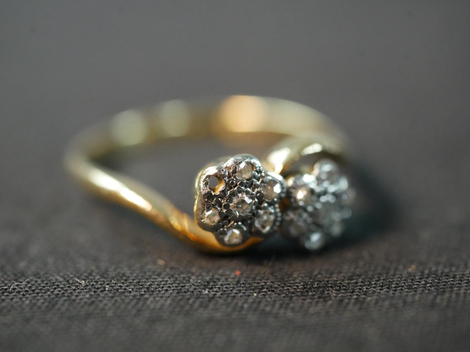 An Edwardian yellow metal (tests higher than 9ct) and rose cut diamond floral cross over ring, - Image 4 of 6