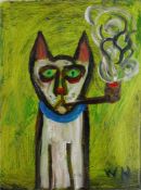 Wolf Howard, acrylic on canvas. White Cat, initialled lower right, inscription verso. H.30.5 W.23cm