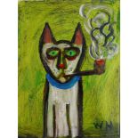 Wolf Howard, acrylic on canvas. White Cat, initialled lower right, inscription verso. H.30.5 W.23cm