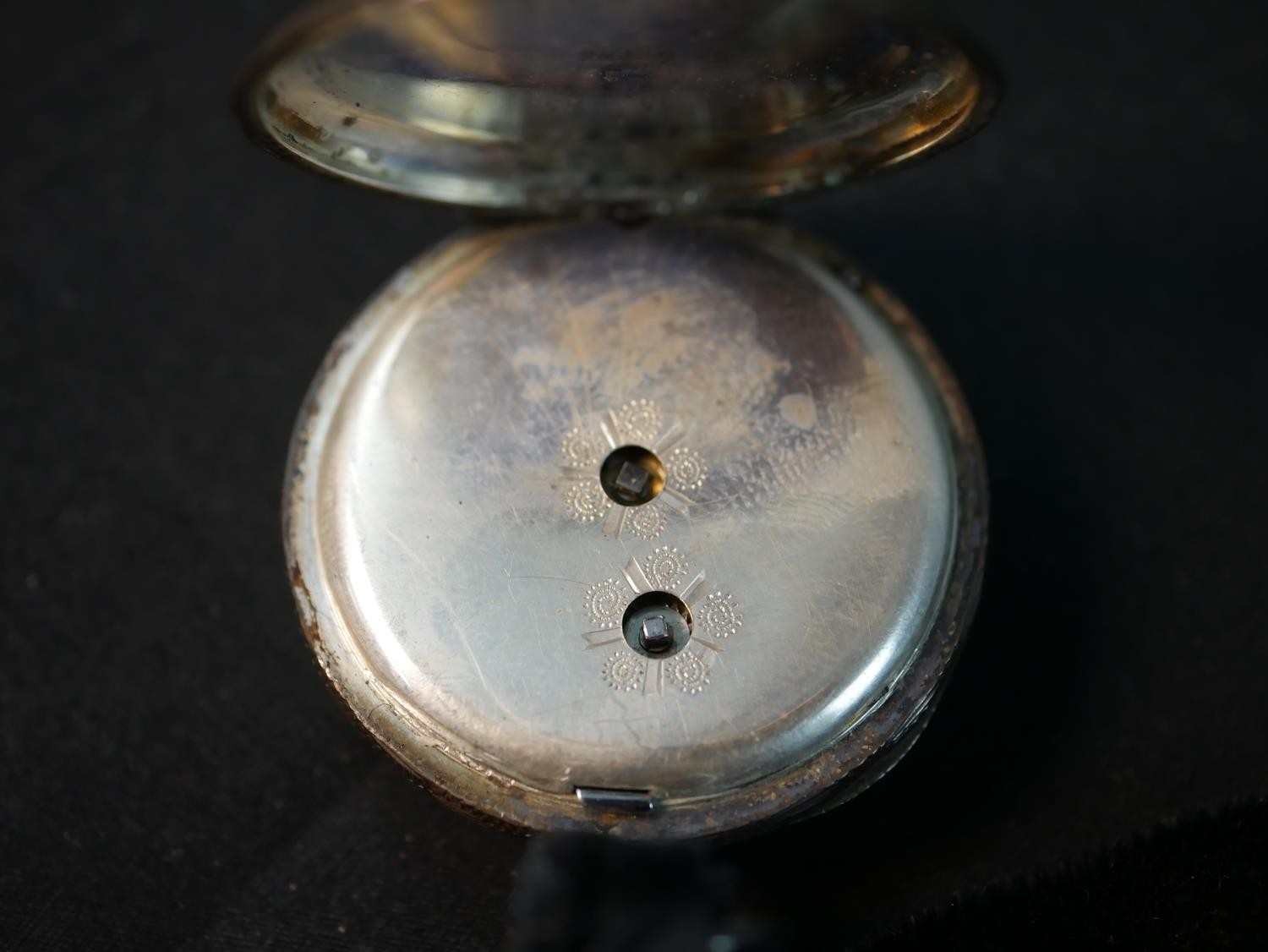 A silver carved and engraved Swiss fob watch. The dial with a carved fruit basket and foliate design - Image 9 of 9