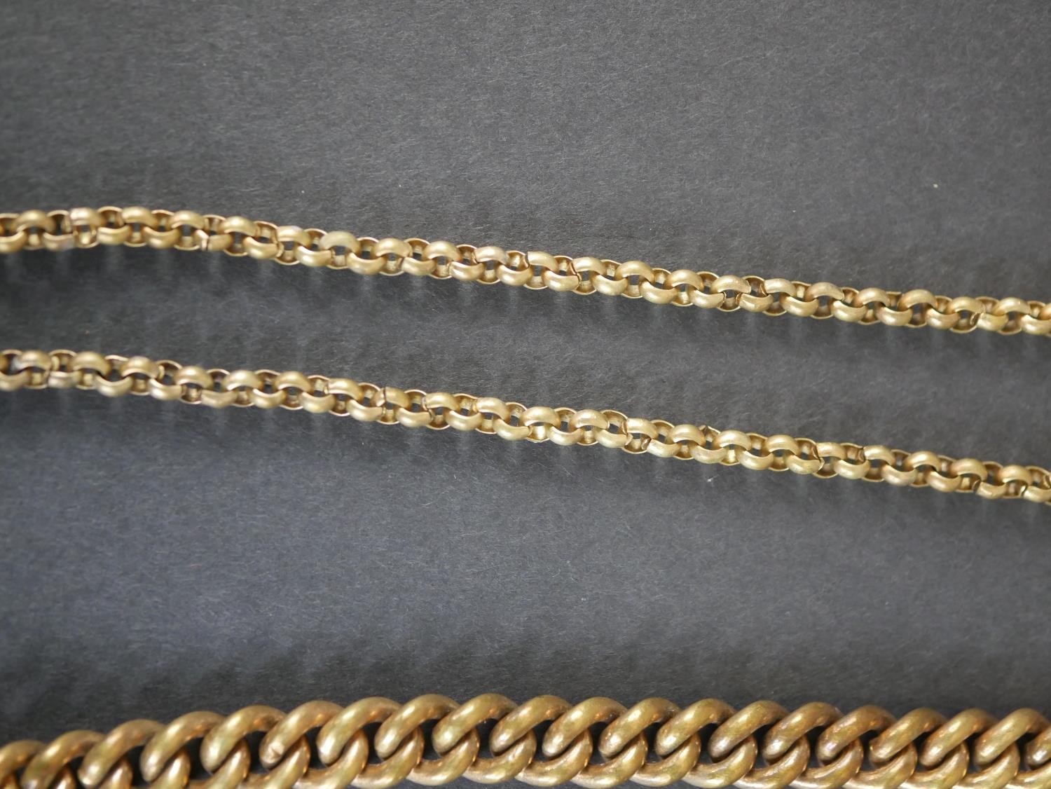 A collection of rolled Victorian chains, including two rolo link long watch chains with Albert - Image 5 of 6